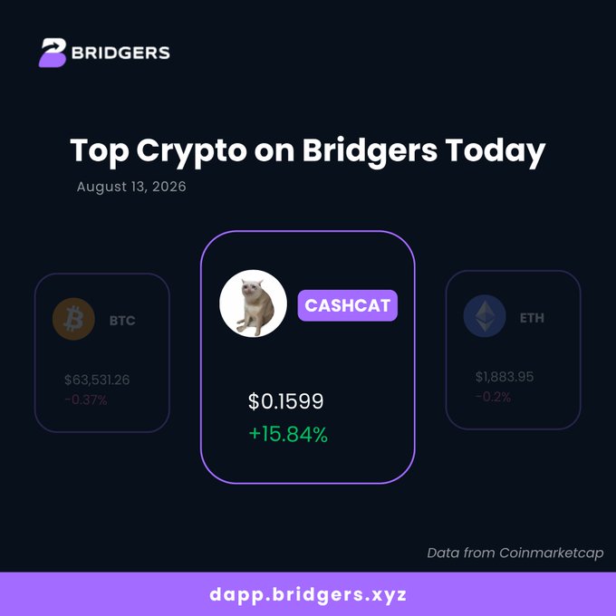 A 'Top Crypto on Bridgers Today' graphic dated August 13, 2026 highlights CASHCAT at $0.1599 with +15.84% gains, alongside BTC at $63,531.26 and ETH at $1,883.95, with data from Coinmarketcap.