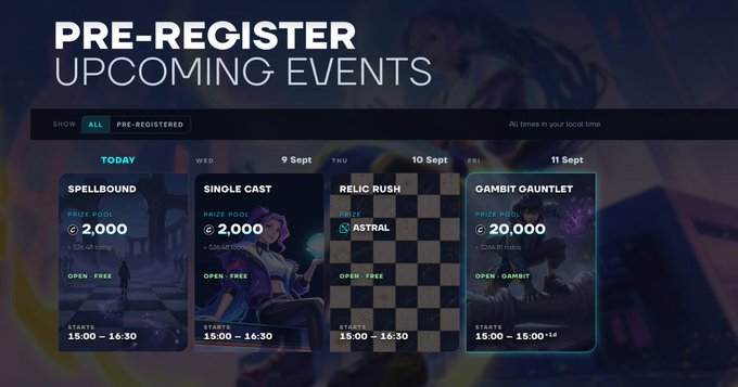 A webpage interface titled "PRE-REGISTER UPCOMING EVENTS" displaying four gaming tournaments: SPELLBOUND, SINGLE CAST, RELIC RUSH, and GAMBIT GAUNTLET, with prize pools and start times listed.