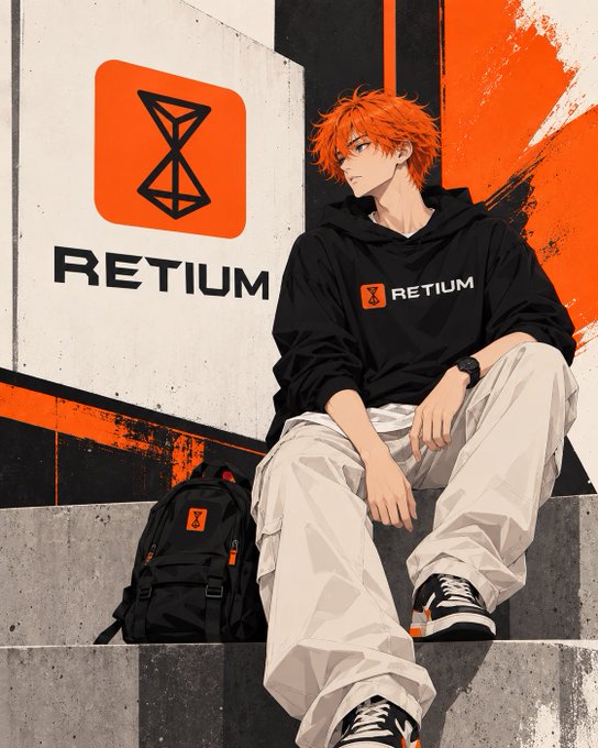 An anime-style illustration depicts a young man with orange hair wearing a black "RETIUM" hoodie and white pants, sitting on concrete steps with a black backpack beside him.