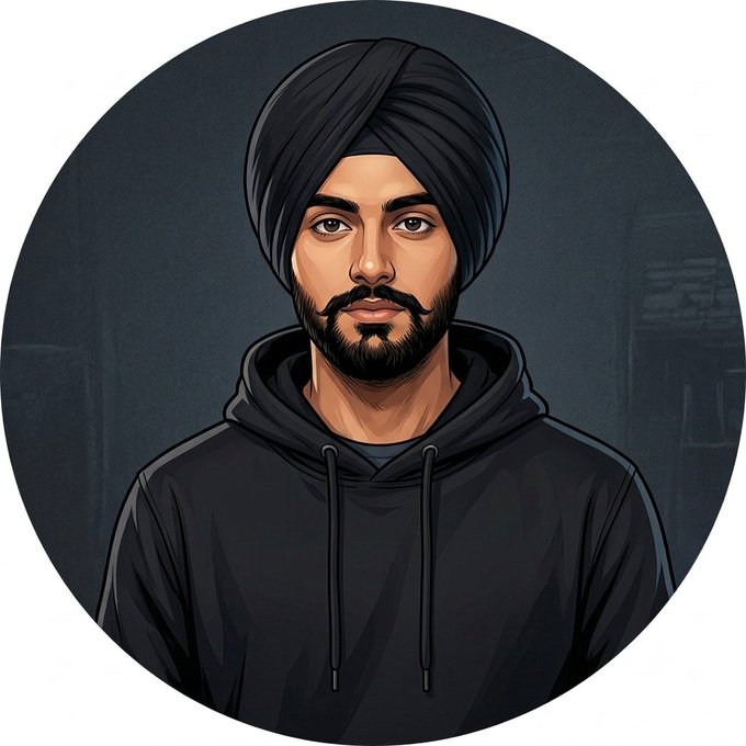 A digital illustration in a circular frame depicts a man with a black turban and beard wearing a dark hoodie against a shadowy background.