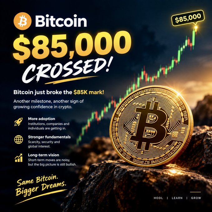 Promotional graphic celebrating Bitcoin crossing the $85,000 mark with text 'Bitcoin just broke the $85K mark! Another milestone, another sign of growing confidence in crypto' alongside a golden Bitcoin coin.