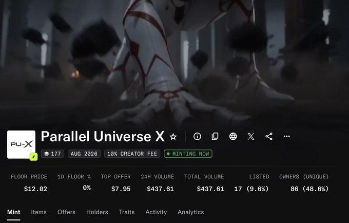 A screenshot of an NFT collection called "Parallel Universe X" (PU-X) on a marketplace, showing a floor price of $12.02 and a 24-hour volume of $437.61 against a dark background featuring a figure with red markings. The single-word caption "Chai" likely refers to the artwork's moody aesthetic, though it doesn't directly relate to the displayed trading metrics.