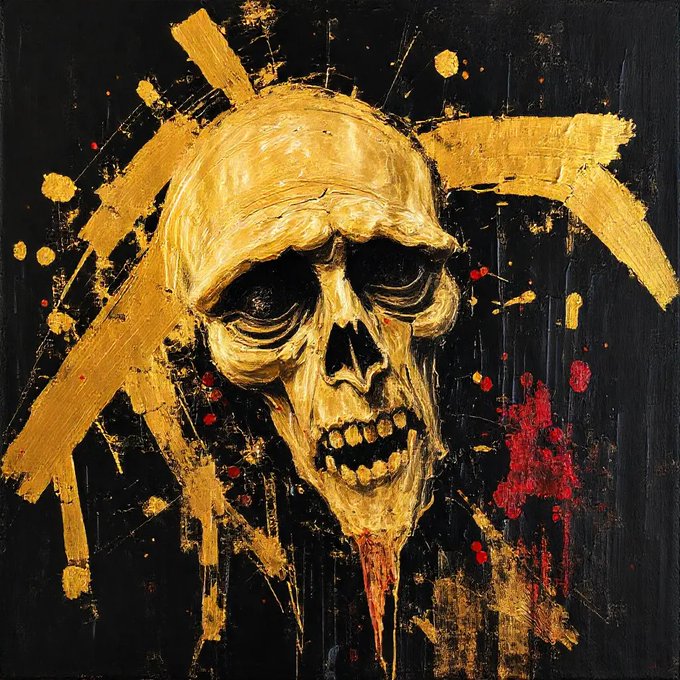 A dark, expressionist painting of a golden skull with splattered red and gold paint against a black background.
