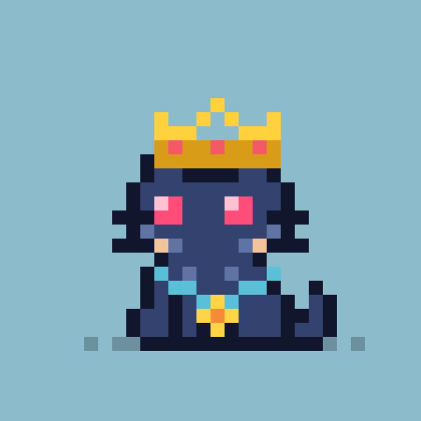 A pixel art illustration shows a dark blue cat wearing a golden crown with red jewels, sitting on a light blue background. The image complements the "GM to all the cats & kitties" message by depicting a regal feline character, fitting the playful and affectionate greeting.