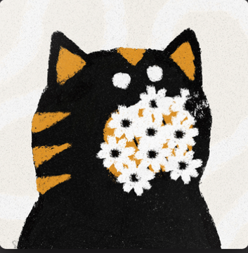 Illustration of a black cat with orange stripes holding a bouquet of white daisies that covers its mouth.