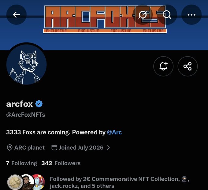 A Twitter profile page for "arcfox" (@ArcFoxNFTs) with a verified blue checkmark, featuring a blue fox avatar and text reading "3333 Foxs are coming, Powered by @Arc."