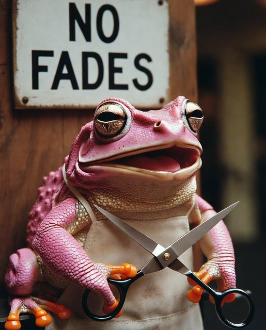 A pink frog figurine holding a pair of scissors, posed in front of a wooden sign that reads 'NO FADES'.