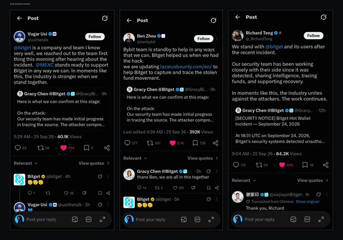 Three social media posts regarding a Bitget security incident dated September 24, 2026, detailing an initial hack and subsequent recovery efforts and investigations.