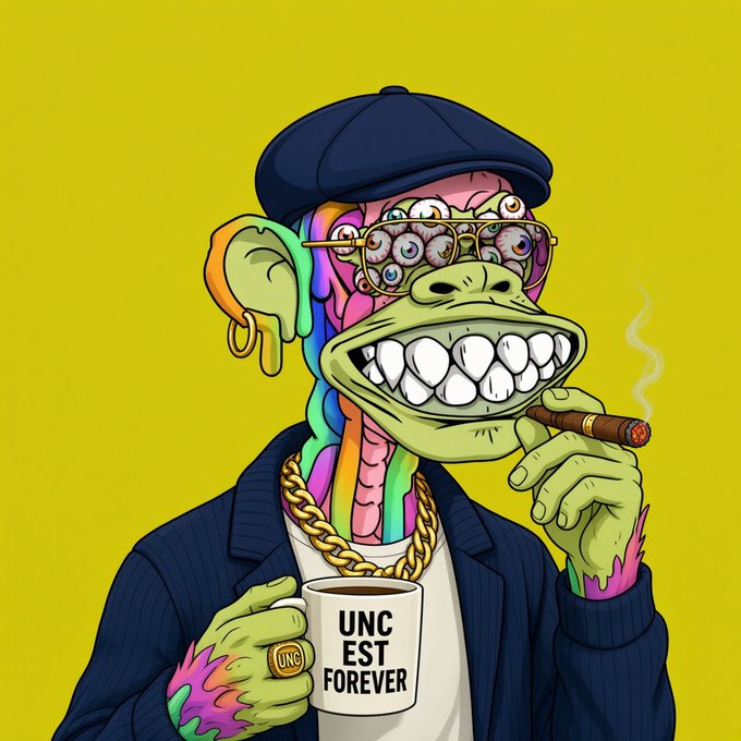 Colorful cartoon illustration of a Bored Ape-style character with many eyes, a backwards cap, gold chain, holding a cigar and an 'UNC EST FOREVER' mug on a yellow background.