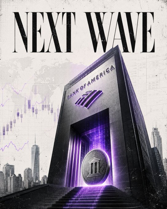 A dramatic poster titled 'NEXT WAVE' showing the 'Bank of America' building reimagined with purple neon lighting, a coin at its entrance, and a candlestick chart overlay.