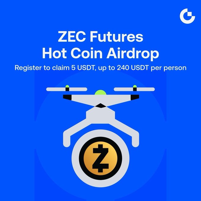 A blue promotional graphic for a 'ZEC Futures Hot Coin Airdrop' by what appears to be a crypto platform, offering 'Register to claim 5 USDT, up to 240 USDT per person' with a drone illustration carrying the Zcash (ZEC) logo.