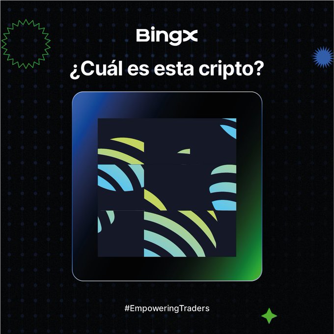 BingX "¿Cuál es esta cripto?" Spanish giveaway promotion post, displaying a dark square with abstract green and blue curved stripe patterns as a logo guessing challenge, ending with #EmpoweringTraders.