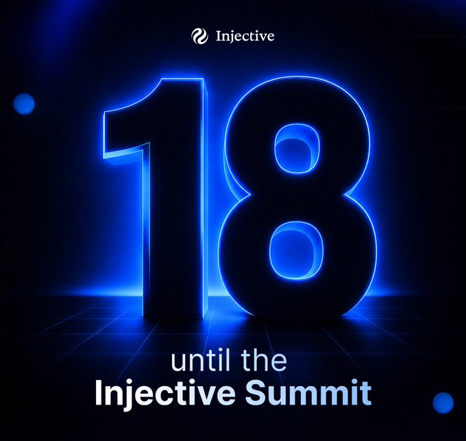 A glowing blue "18" dominates the dark, futuristic graphic against a grid backdrop, with the Injective logo at the top and text reading "until the Injective Summit" below—visually counting down the 18 days mentioned in the post to the highly anticipated Injective Summit.