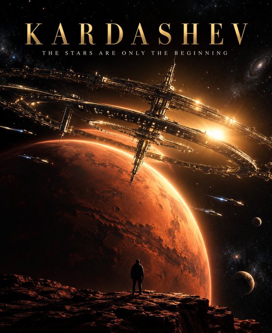 Sci-fi artwork titled 'KARDASHEV - THE STARS ARE ONLY THE BEGINNING' showing a figure on a rocky outcrop overlooking a red planet and a massive ring-shaped space station.