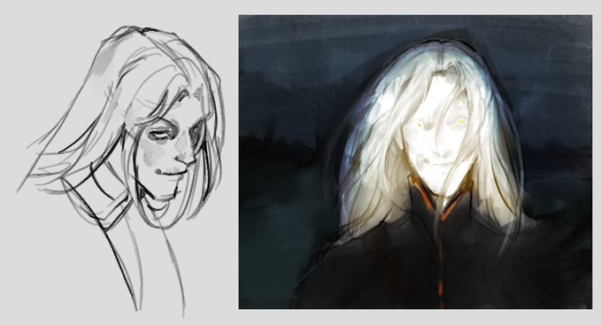 Side-by-side digital art portraits show a progression from a rough pencil sketch to a fully rendered, atmospheric painting of a pale, long-haired figure with yellow eyes set against a dark background.