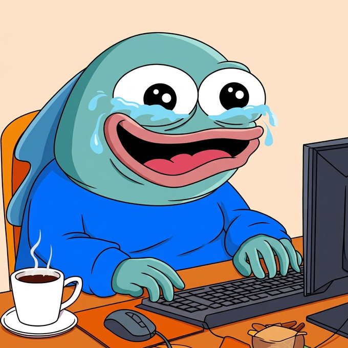 A cartoon frog-like character with large eyes sheds tears of joy while happily typing on a computer keyboard, with a steaming coffee cup beside it on the desk.