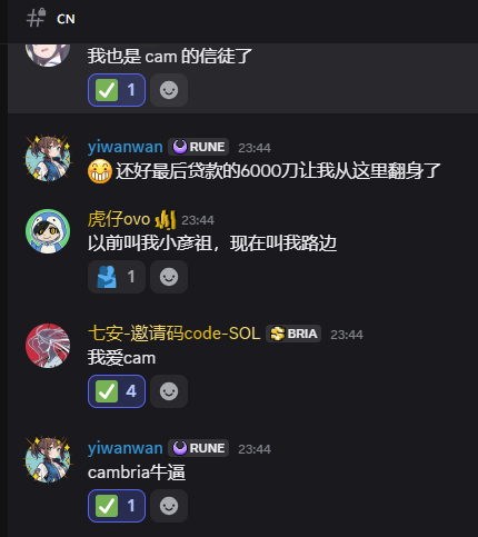 A Discord chat screenshot in Chinese where users discuss 'cam' and a '6000万' investment, with usernames like 'yiwanwan' and '虎仔ovo' visible.