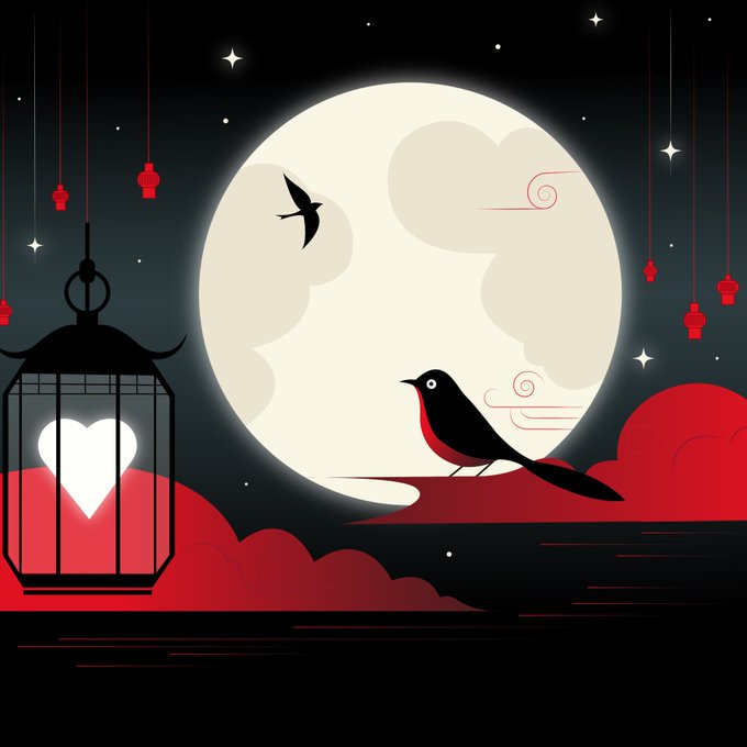 A digital artwork depicting a large white moon, a black bird silhouette, red lanterns hanging from above, and a birdcage with a heart-shaped light on a red cloud against a starry black background.