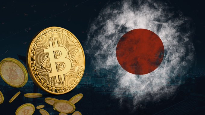 Golden Bitcoin tokens pile in the foreground against a backdrop of the Japanese flag, symbolizing the intersection of Japan's new crypto regulatory framework and the digital currency market.