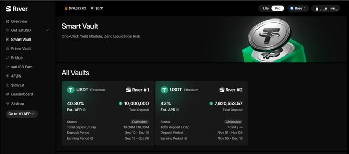 The image shows a screenshot of a website called "River" with a focus on the "Smart Vault" feature, which allows users to invest in cryptocurrency using smart vaults. The screen displays information about the different types of smart vaults available for investment, along with their respective fees and return rates. The post suggests that investing in smart vaults can be a more secure way to earn yield compared to risky bridges or other forms of collateral systems.