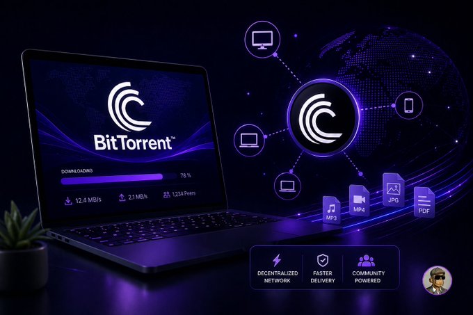 A dark-themed BitTorrent advertisement shows a laptop displaying a file download progress bar (76%) next to a glowing network hub connecting computer and mobile icons, with file type graphics (MP3, MP4, JPG, PDF) and text 'DECENTRALIZED NETWORK', 'FASTER DELIVERY', 'COMMUNITY POWERED'.