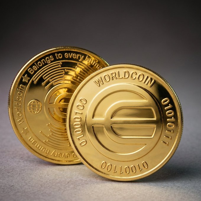 Two shiny gold Worldcoin tokens rest on a gray surface, displaying the "WORLDCOIN" inscription alongside binary sequences like "0100100" and "0101011," as well as the phrase "Belongs to every human"—visually reinforcing the post's emphasis on Worldcoin's mission to provide an inclusive, integrity-driven digital identity for humanity.