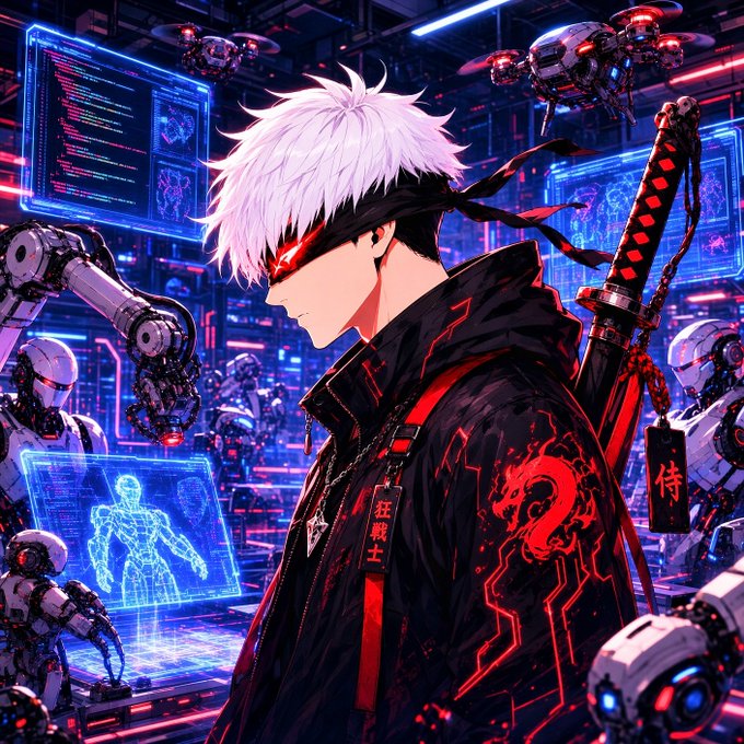 Anime-style artwork of a white-haired male character wearing a red visor and a black jacket with red dragon designs, carrying a katana on his back in a futuristic lab filled with robots and holographic blue displays.