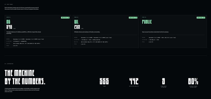 A dark-themed webpage titled 'THE MACHINE BY THE NUMBERS' displaying three token sections (DO, WL, PUBLIC) and statistics including 665, 442, 8, and 80%.