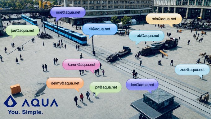 The image shows a city street with people walking around, some of whom are carrying umbrellas. There are also trains passing by on the tracks nearby. The main focus of the image is a large blue bubble containing various social media icons such as "@Aqua", "@Wen @Aqua", and "@Zoey @Aqua". These icons represent different social media platforms, including Facebook, Twitter, Instagram, and Snapchat. The image also includes text that reads: "Wen @Aqua Bitcoin" and "Demy @Aqua".