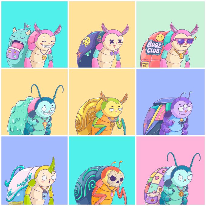 A 3x3 grid of colorful cartoon illustrations featuring nine different snail-like creatures, each with unique costumes, accessories, and expressions against pastel-colored backgrounds.