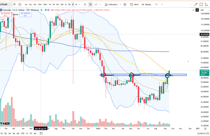 A TradingView candlestick chart for Litecoin / U.S. Dollar on Binance shows recent price action near a horizontal resistance level marked by three circled points.