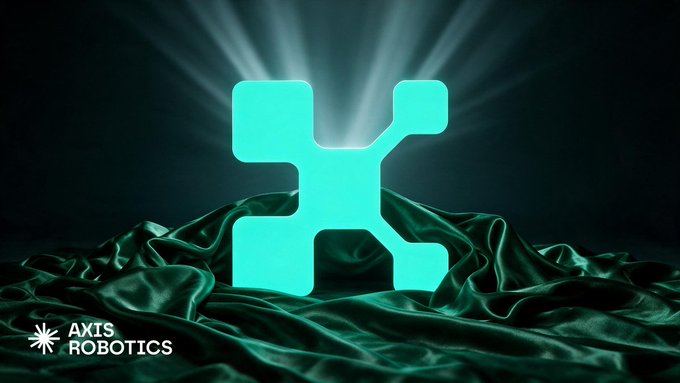 A promotional graphic for AXIS ROBOTICS featuring a glowing teal logo with a network-like design, illuminated against a dark background with draped green satin fabric and light rays.