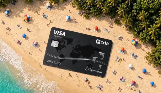A giant Visa Signature credit card branded with "tria" and labeled "Premium" rests on a tropical beach surrounded by sunbathers and palm trees, illustrating the seamless, real-world usability that the post highlights about @useTria's Web3 payment experience on Third Epoch.
