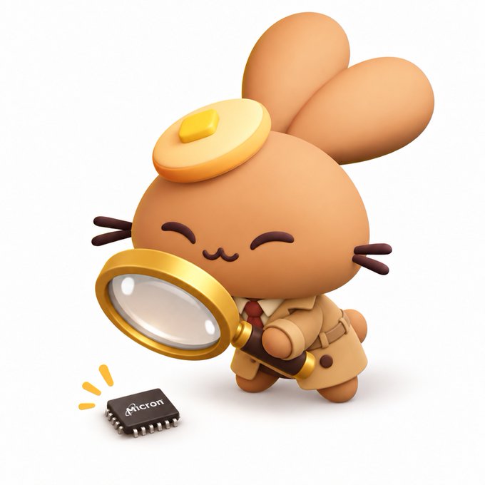 An adorable bunny mascot in a trench coat and detective hat examines a microchip labeled "Micron" with a magnifying glass, illustrating the "Mystery Stock #34" clue about a small-named company with a massive memory business.