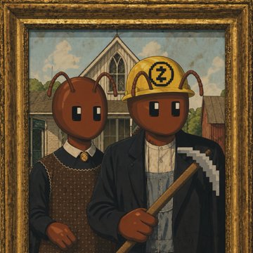 An AI-generated painting in the style of 'American Gothic' depicting two ant-like figures dressed as American workers, one holding a pickaxe, the other wearing a yellow hard hat with a Z logo.