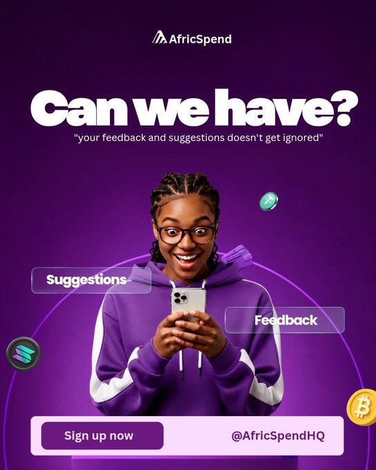 Purple promotional poster for AfricSpend with headline 'Can we have?' featuring a smiling woman in glasses and purple hoodie holding a phone, with floating elements for 'Suggestions' and 'Feedback', a 'Sign up now' button, and handle @AfricSpendHQ.