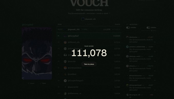A dark-themed leaderboard screen from a VOUCH promotional event showing a score of 111,078 with a 'Take my place' button, alongside a shadowy character avatar.