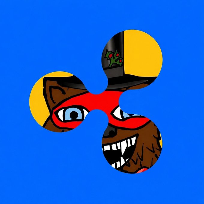Ripple (XRP) cryptocurrency logo with cartoon illustrations of a werewolf character in a top hat visible through the three circular shapes on a blue background.