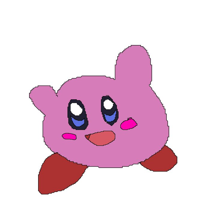 Pixel art drawing of Kirby, the pink Nintendo character, smiling with blushing cheeks and red feet against a white background.