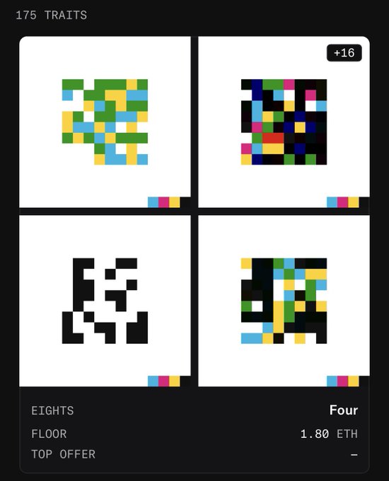 A NFT marketplace listing displays a "Four" artwork with 175 traits, currently on the floor price of 1.80 ETH with no top offer, showing the common trait collection referenced in the post about Jack Butcher's Credits NFT price tiers.