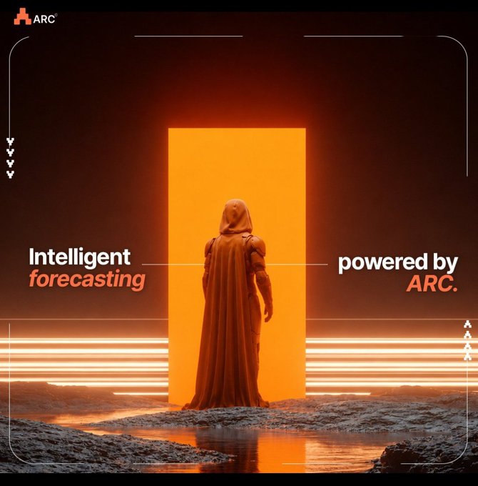 The image features an orange-haired man standing in front of a doorway, with the words "Intelligent forecasting" written above him. Below his head, there's a banner that reads "Intelligent farming rewards Few are studying where the rewards actually come fromARC". The background is dark and has a gradient effect on it, giving the impression of an orange glow. This creates a visually striking contrast between the man in the foreground and the background elements.
