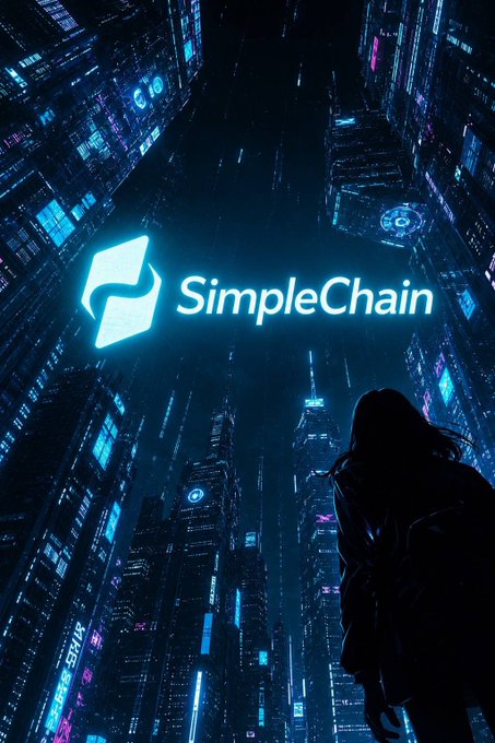 A silhouetted figure gazes up at a glowing "SimpleChain" logo hovering above a futuristic neon-lit cityscape, evoking a sense of awe and possibility. The image mirrors the post's theme of accessible, forward-looking blockchain technology, where simplicity and usability take center stage amid the towering complexity of the digital world.