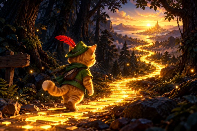 A brave ginger kitten in a green adventurer's hat with a red feather walks along a glowing golden path winding through a forest at sunset, heading toward a distant castle. The luminous trail that appears before him perfectly illustrates the accompanying message—that the way forward often reveals itself only after taking the first step forward.