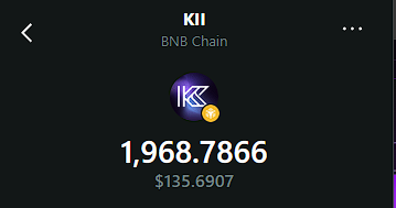 A mobile app screenshot showing cryptocurrency KII on BNB Chain with a price of 1,968.7866 and a value of $135.6907.