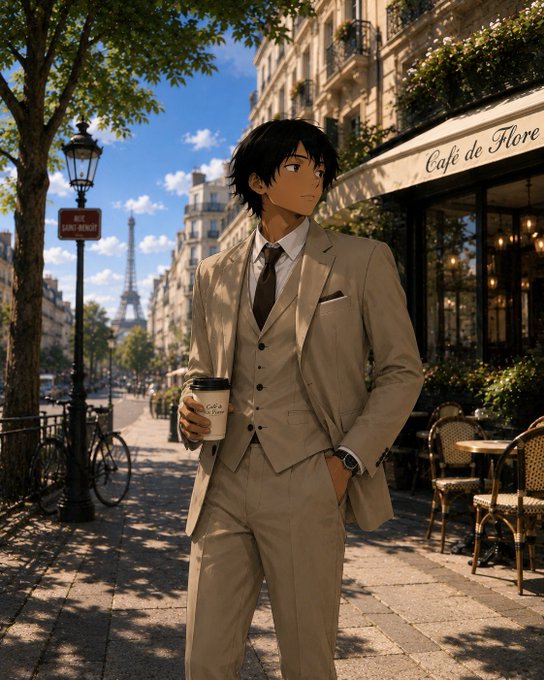 An anime-style illustration depicts a dark-haired man in a beige three-piece suit holding a coffee cup, standing on a Parisian street with the Eiffel Tower in the background and a 'Café de Flore' sign visible.