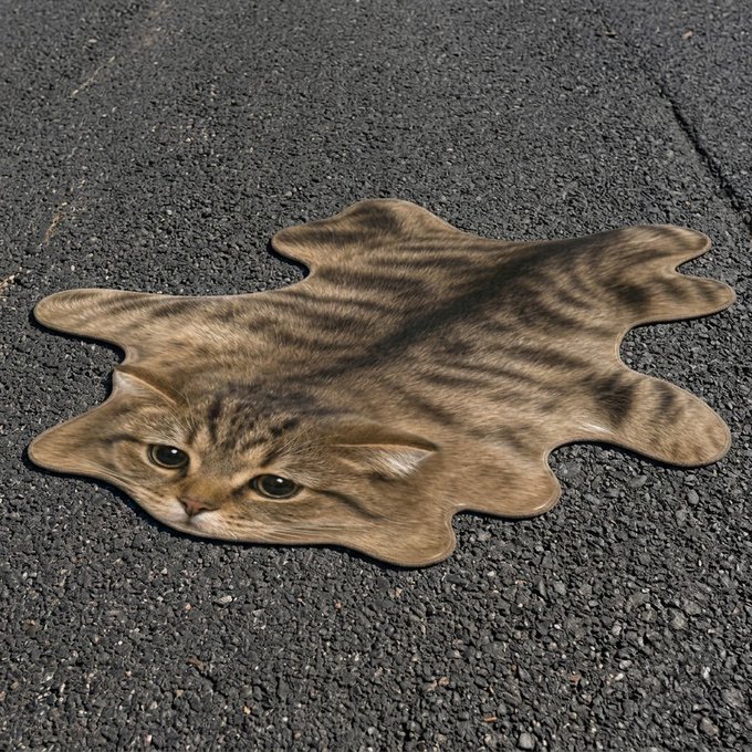 A novelty doormat shaped like a flattened tabby cat lies on an asphalt surface, showing the cat's face at one end.