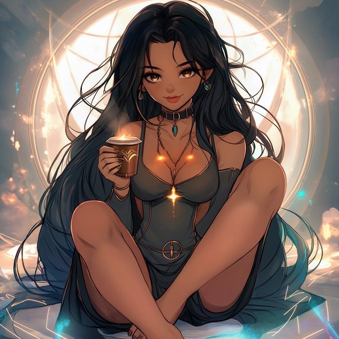 Anime-style digital illustration of a dark-haired woman in a black swimsuit holding a glowing cup, seated in front of a circular light with magical sparkle effects.