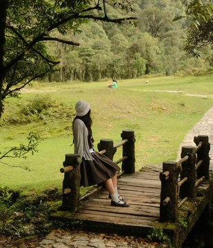 A person in a knit cap, beige vest, and brown skirt sits on a wooden footbridge overlooking a lush green park with trees and distant figures.