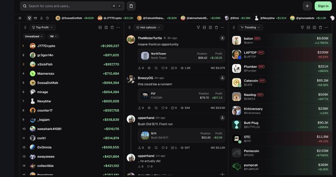 The image shows the Pump.fun trading dashboard displaying a leaderboard of top traders, with "TheMolterTurtle" and "BreezyOG" highlighted at the top showing profits like +$1,999,227 for "J777Crypto" and a hot column featuring meme coins like "Babion," "LAPTOP," "Plambier," and "Naadog" with their respective market caps and price changes. The post mocks the interface for its cluttered, overwhelming appearance packed with meme coins and trader rankings.
