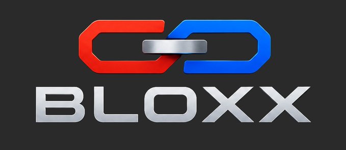 The BLOXX logo featuring interlocking red and blue chain links with a silver connector above silver text on a dark background.